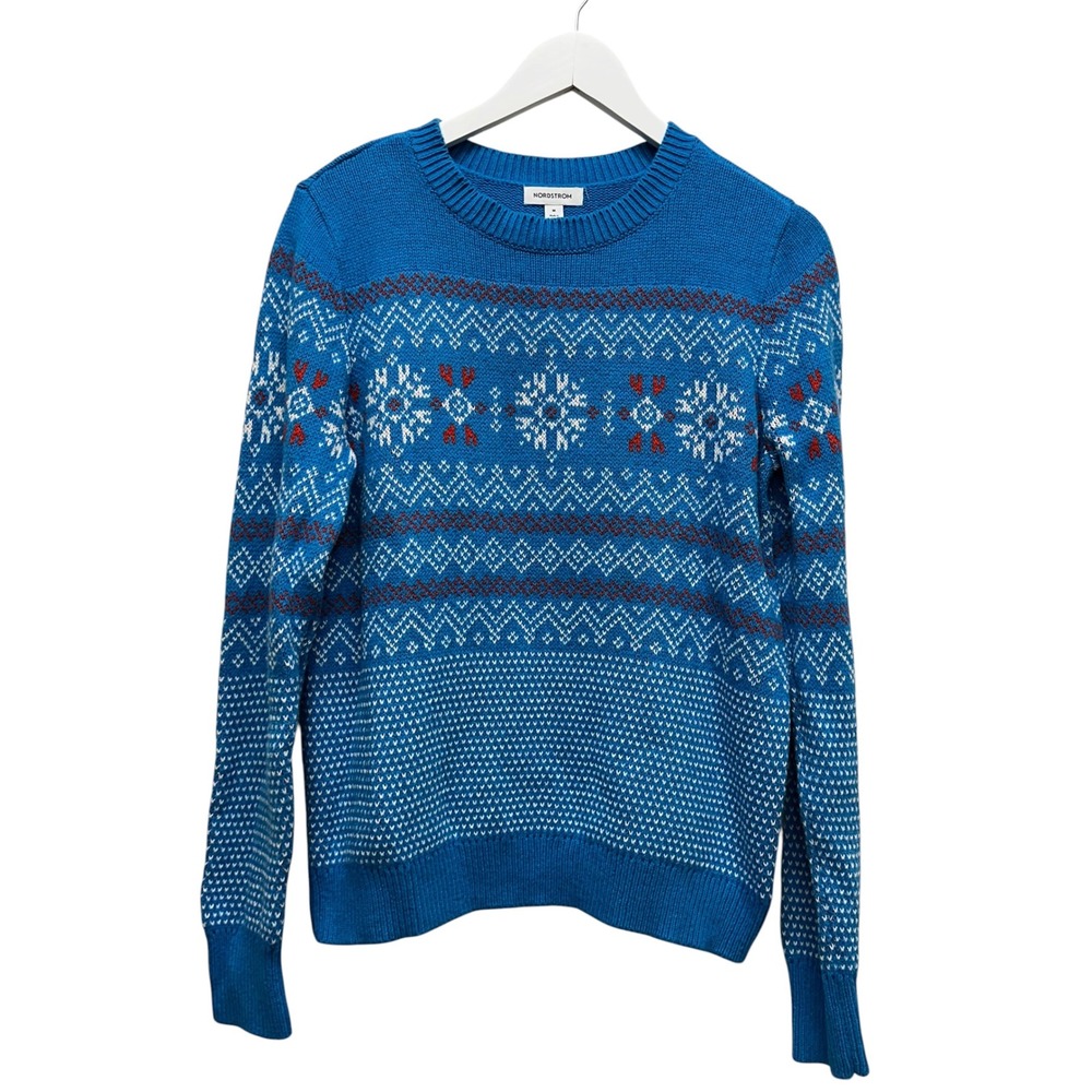 Nordstrom Blue Fair Isle Snowflake Pima Cotton Merino Wool Sweater Womens Medium